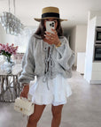 Solid Color Crew Neck Lace-Up Cardigan