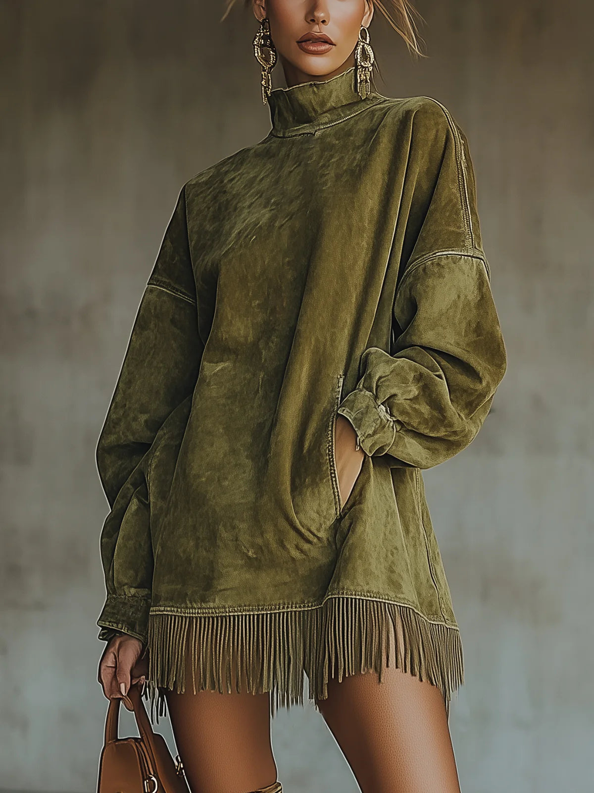 Darcie - Grey Suede Tunic Dress with Fringe