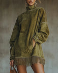 Darcie - Grey Suede Tunic Dress with Fringe
