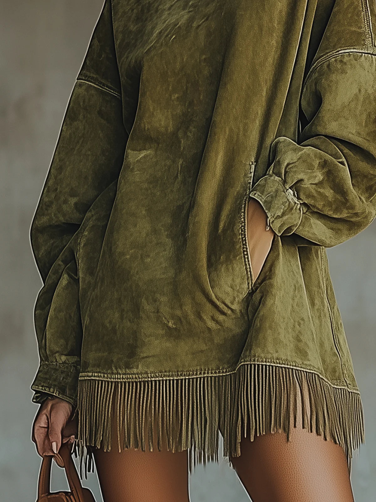 Darcie - Grey Suede Tunic Dress with Fringe