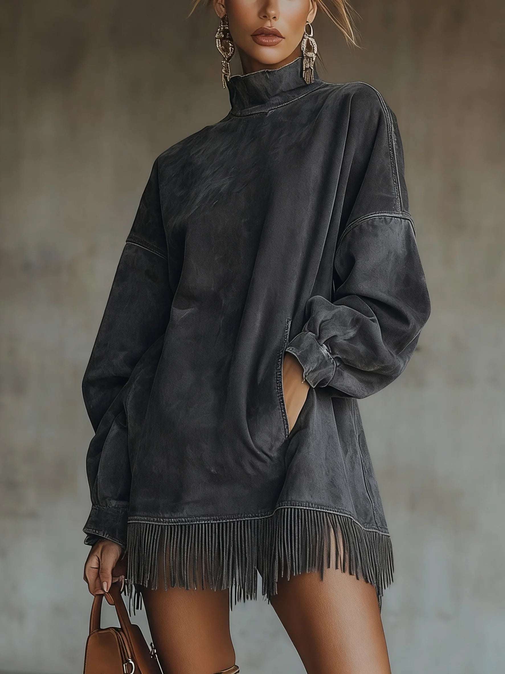 Darcie - Grey Suede Tunic Dress with Fringe