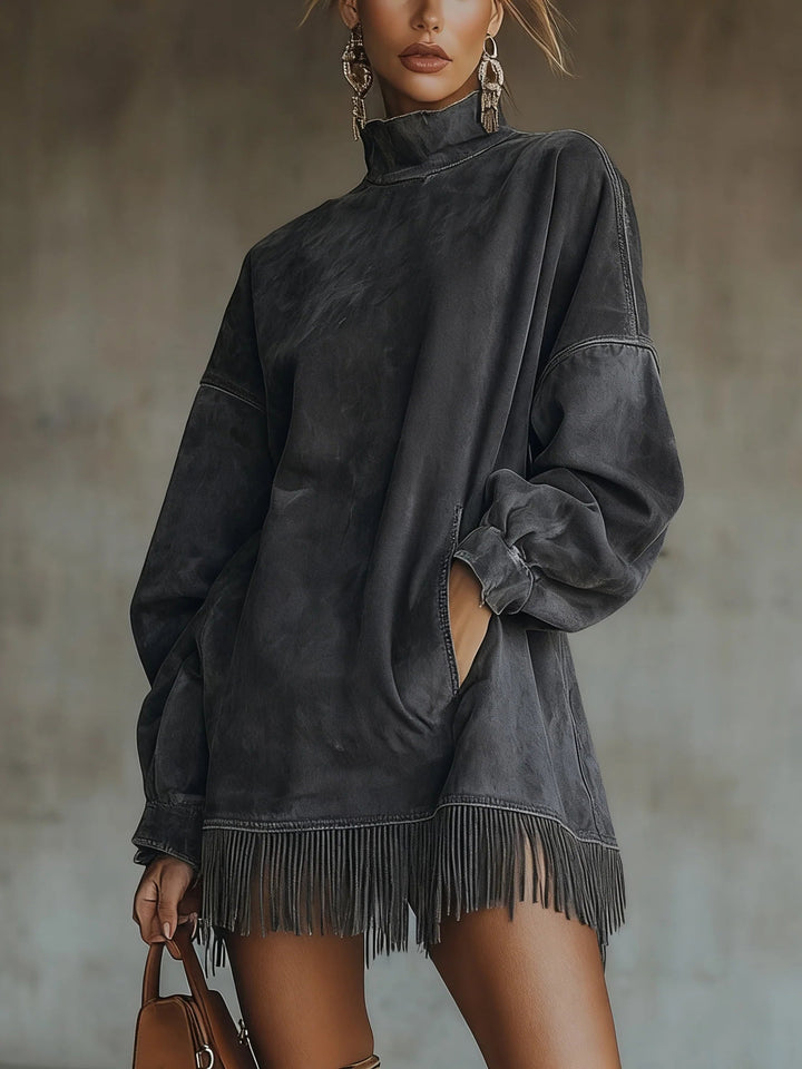 Darcie - Grey Suede Tunic Dress with Fringe