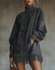 Darcie - Grey Suede Tunic Dress with Fringe