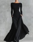 Fiorella™ - Modern long dress in black crepe with pleated boat neckline
