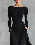 Fiorella™ - Modern long dress in black crepe with pleated boat neckline