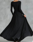 Fiorella™ - Modern long dress in black crepe with pleated boat neckline