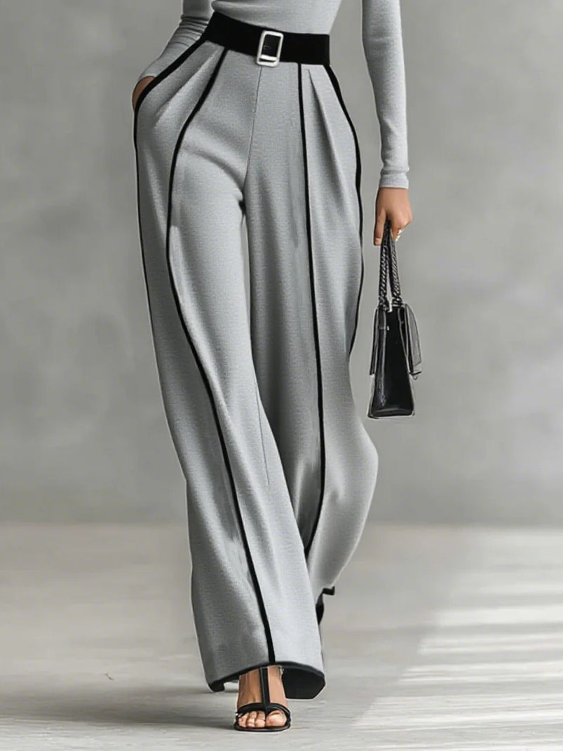 Renata™ - Set of High Neck Top with Long Sleeves and Wide Leg Pants with Belt