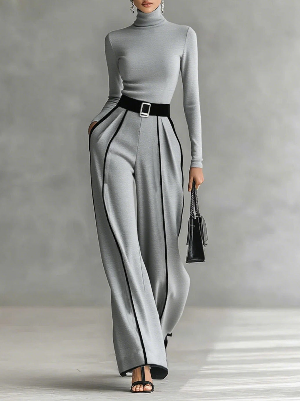 Renata™ - Set of High Neck Top with Long Sleeves and Wide Leg Pants with Belt