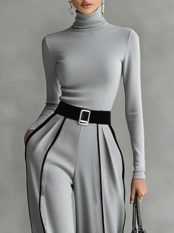 Renata™ - Set of High Neck Top with Long Sleeves and Wide Leg Pants with Belt
