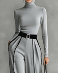Renata™ - Set of High Neck Top with Long Sleeves and Wide Leg Pants with Belt