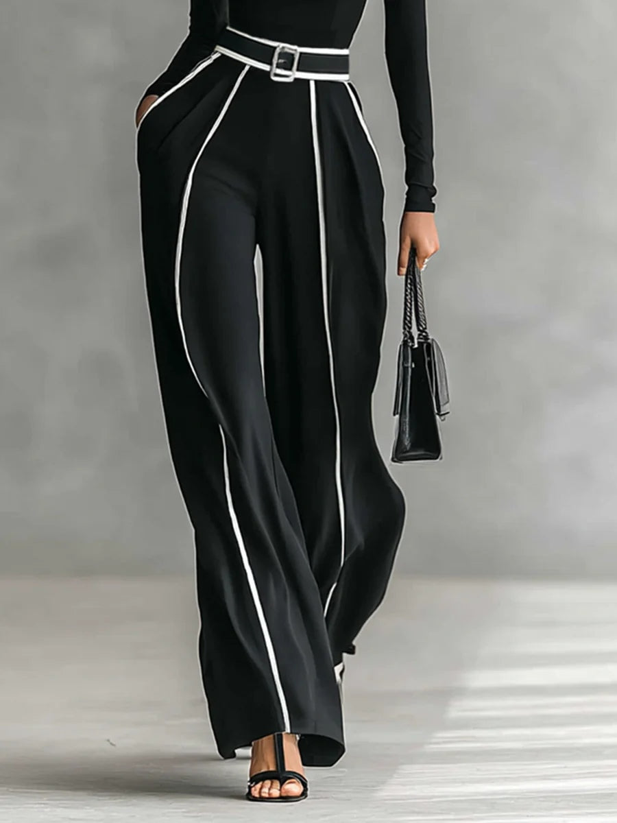 Renata™ - Set of High Neck Top with Long Sleeves and Wide Leg Pants with Belt