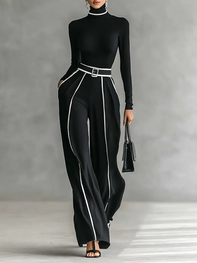 Renata™ - Set of High Neck Top with Long Sleeves and Wide Leg Pants with Belt