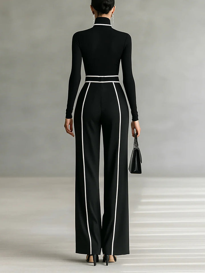 Renata™ - Set of High Neck Top with Long Sleeves and Wide Leg Pants with Belt