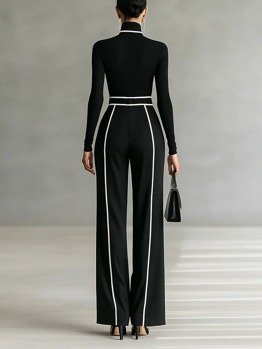 Renata™ - Set of High Neck Top with Long Sleeves and Wide Leg Pants with Belt