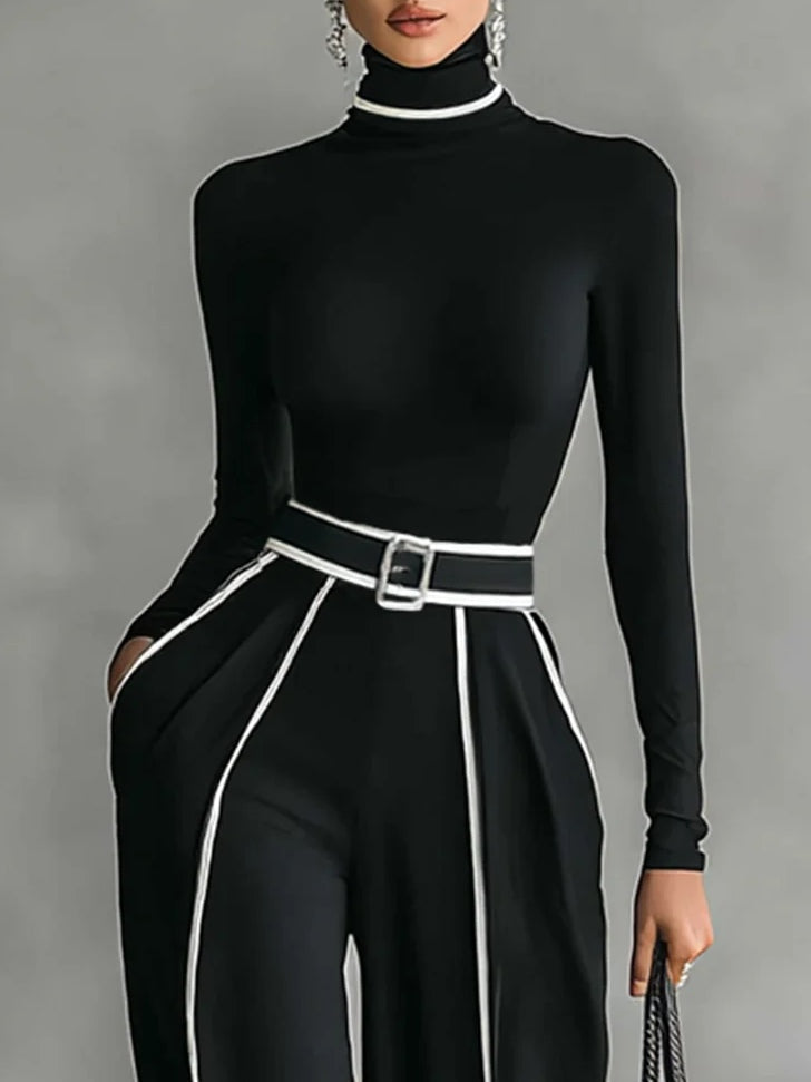Renata™ - Set of High Neck Top with Long Sleeves and Wide Leg Pants with Belt