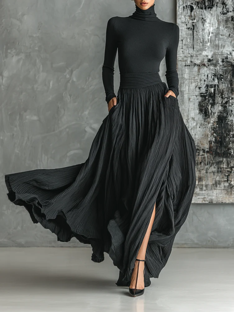 Michela™ - Pleated Skirt and Black Long-Sleeved Fitted T-Shirt Set