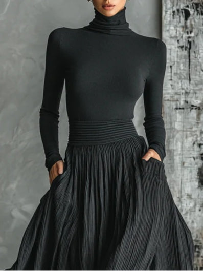 Michela™ - Pleated Skirt and Black Long-Sleeved Fitted T-Shirt Set