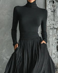 Michela™ - Pleated Skirt and Black Long-Sleeved Fitted T-Shirt Set