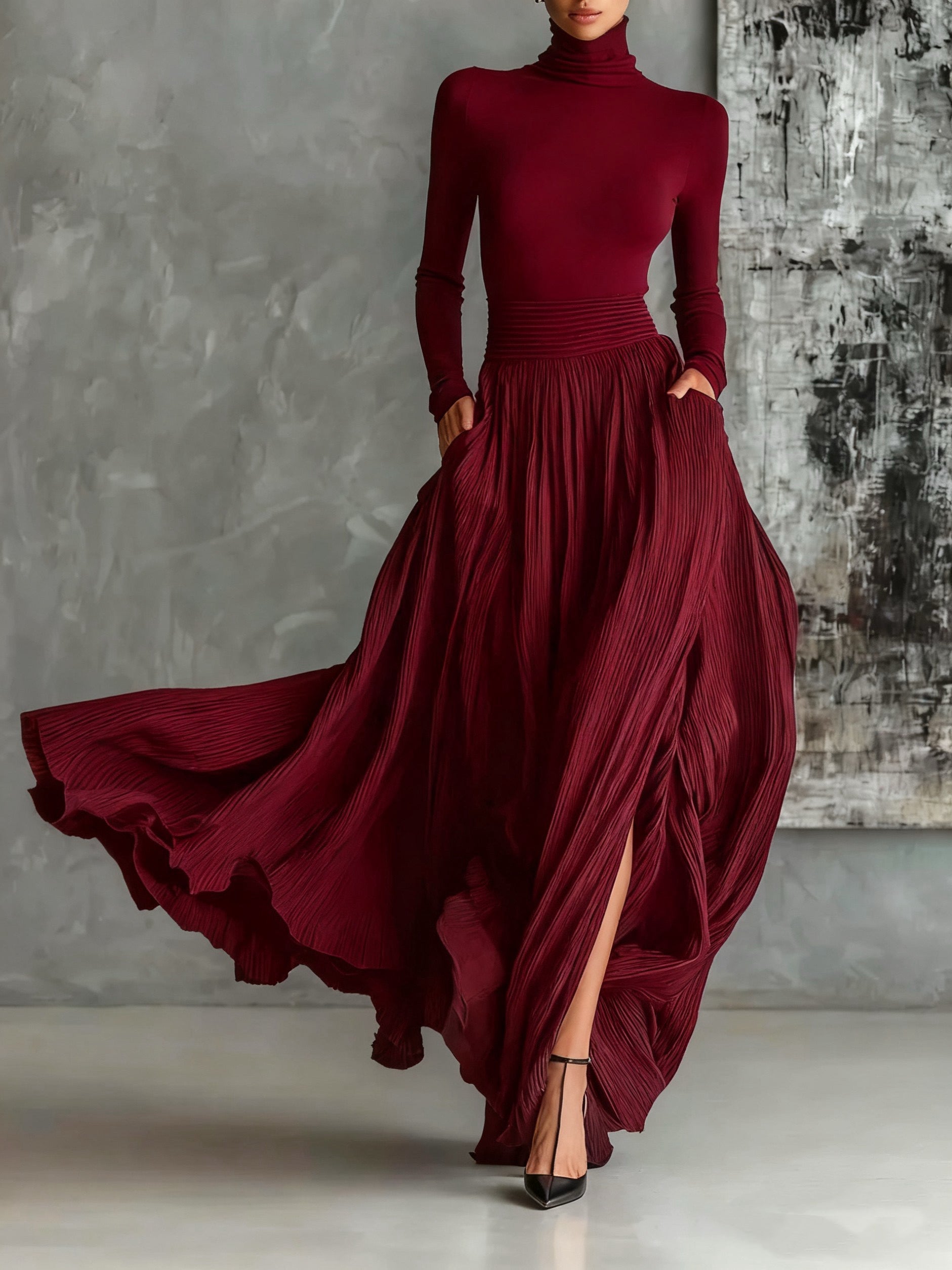 Michela™ - Pleated Skirt and Black Long-Sleeved Fitted T-Shirt Set