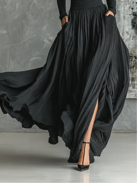 Michela™ - Pleated Skirt and Black Long-Sleeved Fitted T-Shirt Set