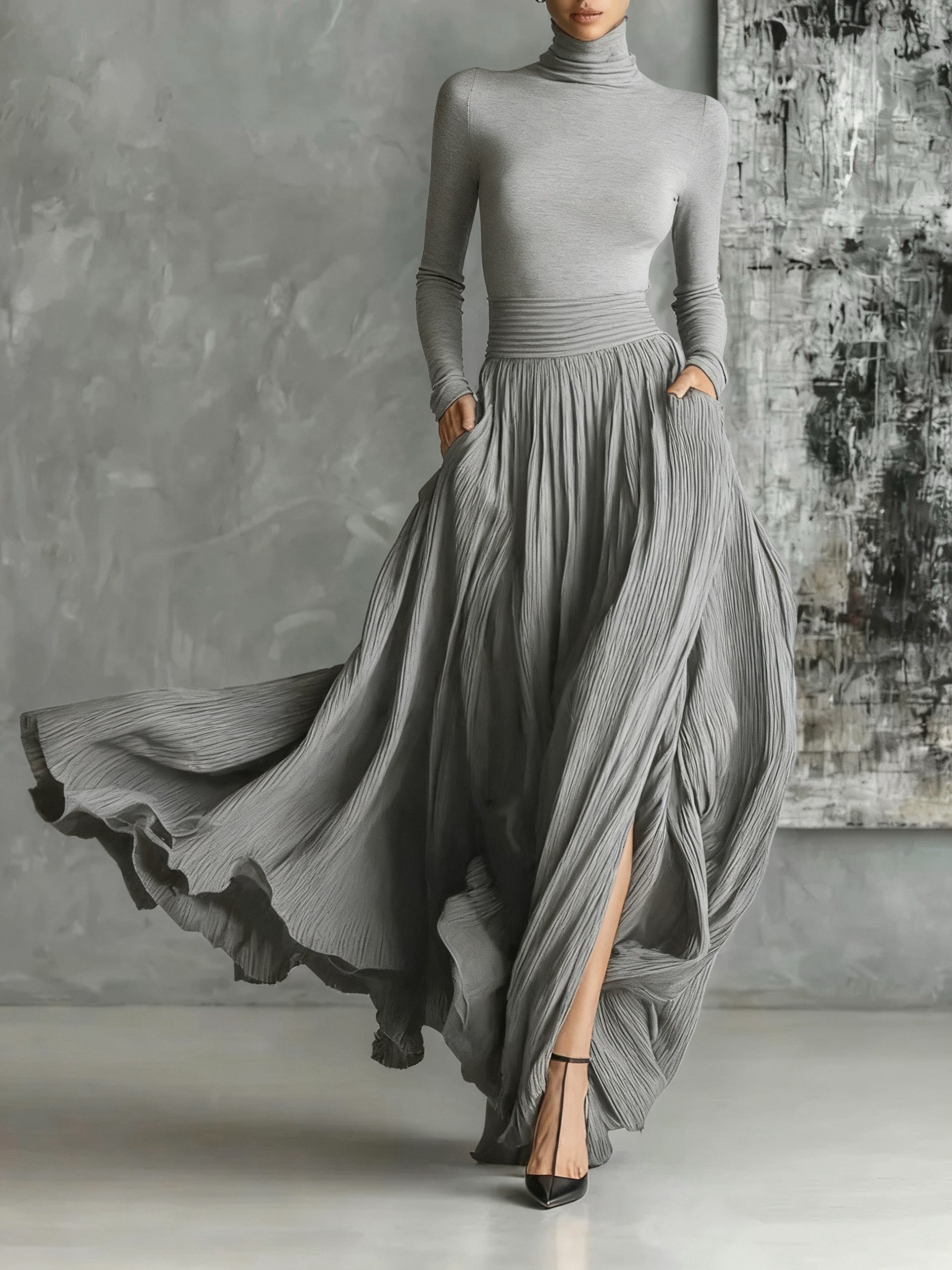 Michela™ - Pleated Skirt and Black Long-Sleeved Fitted T-Shirt Set