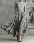 Michela™ - Pleated Skirt and Black Long-Sleeved Fitted T-Shirt Set