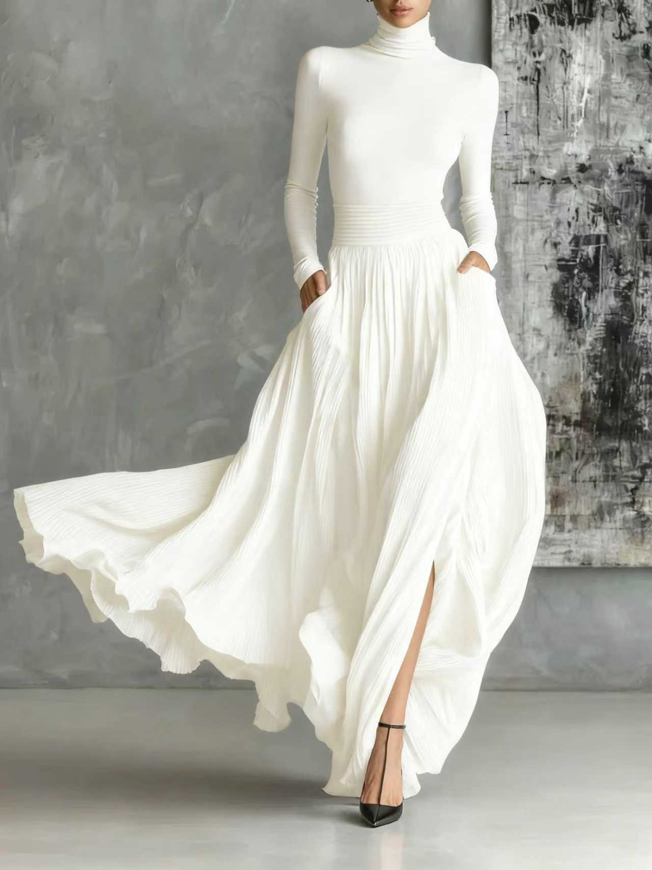 Michela™ - Pleated Skirt and Black Long-Sleeved Fitted T-Shirt Set