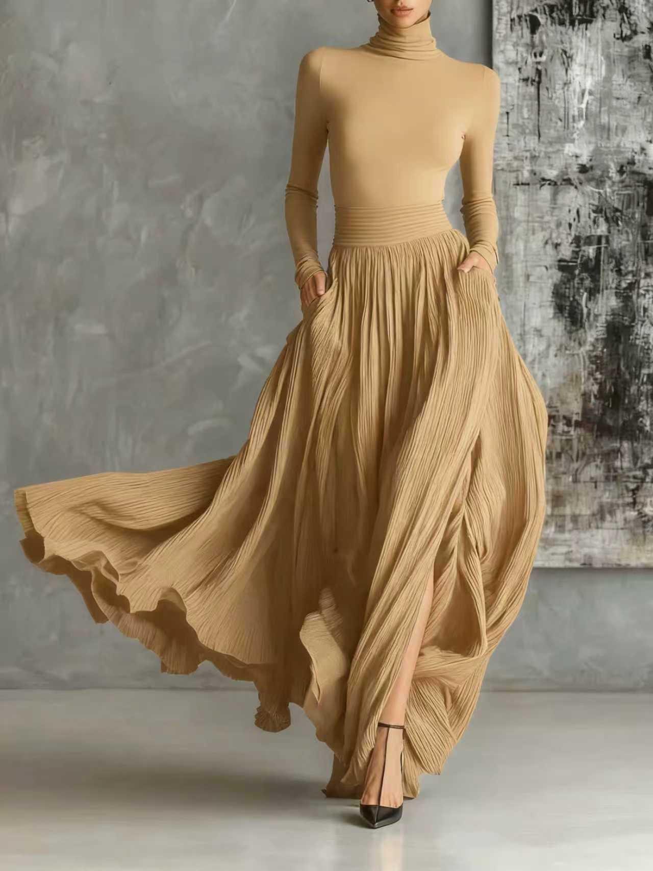 Michela™ - Pleated Skirt and Black Long-Sleeved Fitted T-Shirt Set