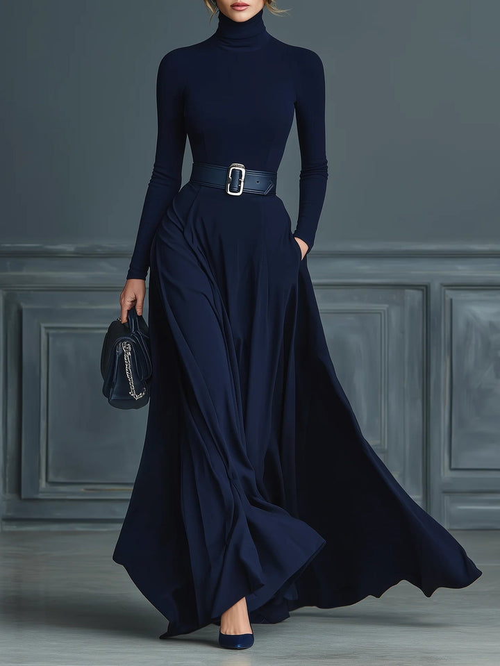 Francesca™ - Dark blue knit dress with high neck