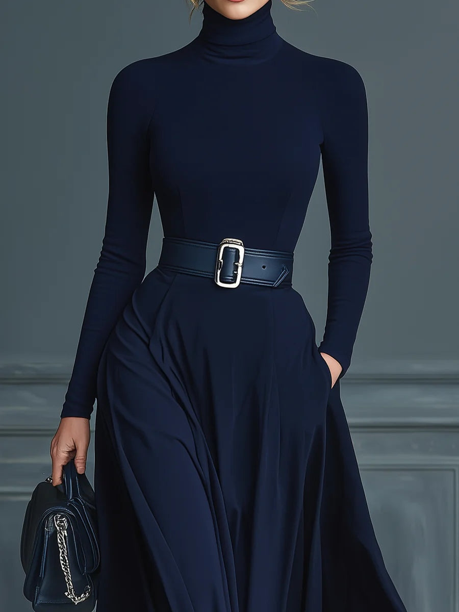 Francesca™ - Dark blue knit dress with high neck