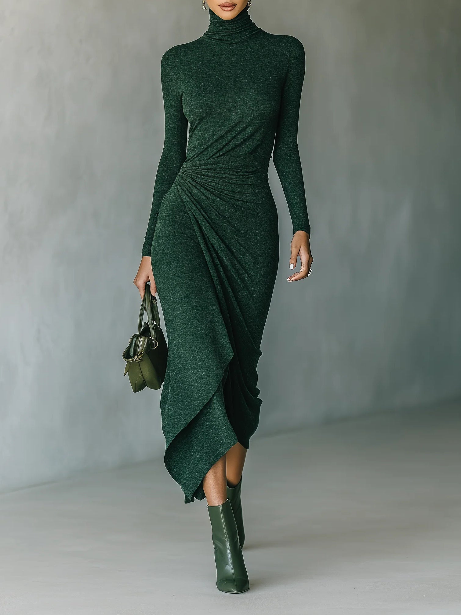 Marcella™ - Asymmetrical wrap midi dress with pleats and high neck in dark green