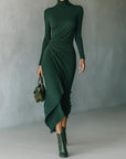 Marcella™ - Asymmetrical wrap midi dress with pleats and high neck in dark green
