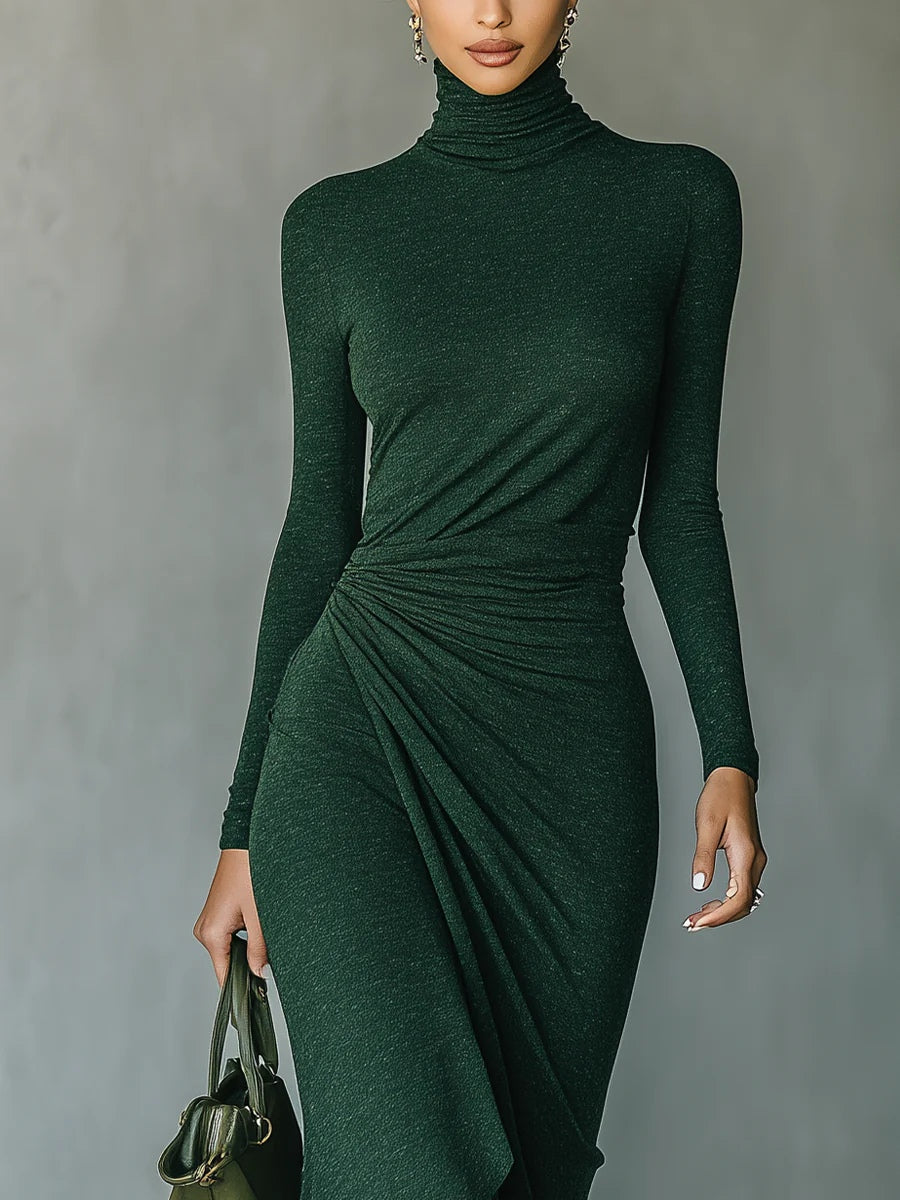 Marcella™ - Asymmetrical wrap midi dress with pleats and high neck in dark green
