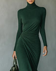 Marcella™ - Asymmetrical wrap midi dress with pleats and high neck in dark green