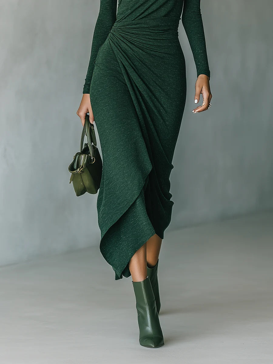Marcella™ - Asymmetrical wrap midi dress with pleats and high neck in dark green