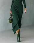 Marcella™ - Asymmetrical wrap midi dress with pleats and high neck in dark green