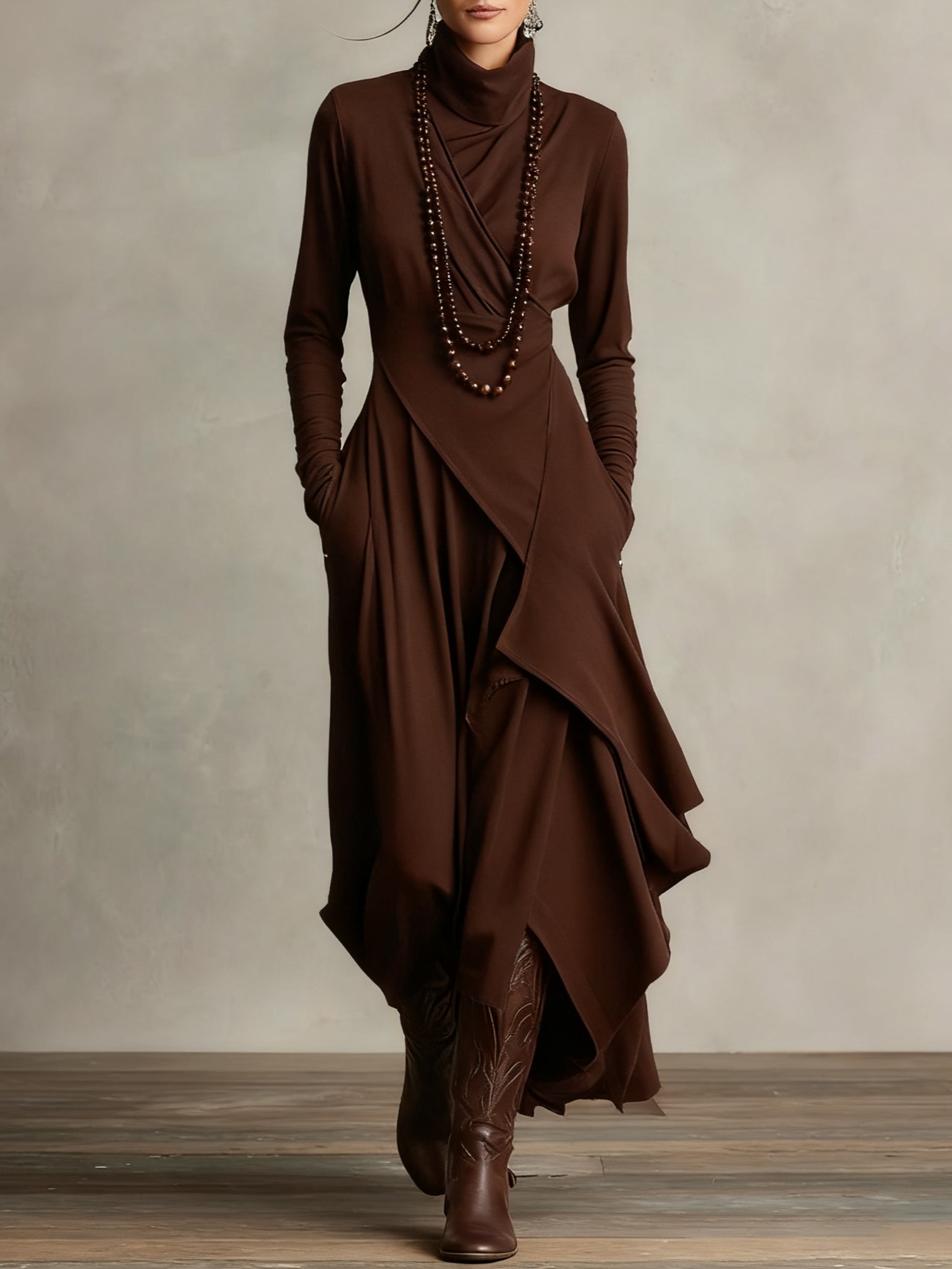Giorgia™ - Purple Asymmetrical Pleated Maxi Dress with High Neck (Necklace not included)