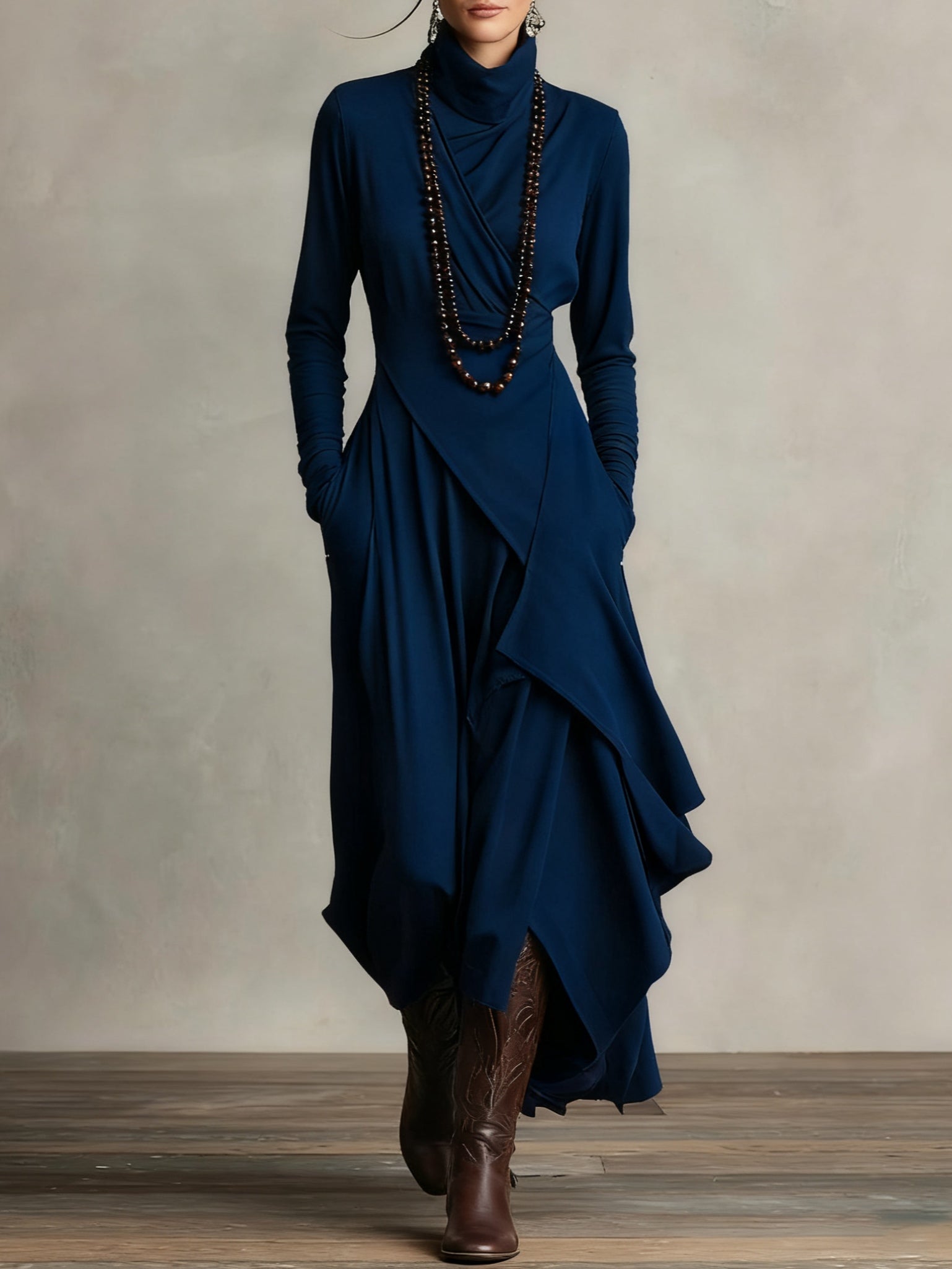 Giorgia™ - Purple Asymmetrical Pleated Maxi Dress with High Neck (Necklace not included)