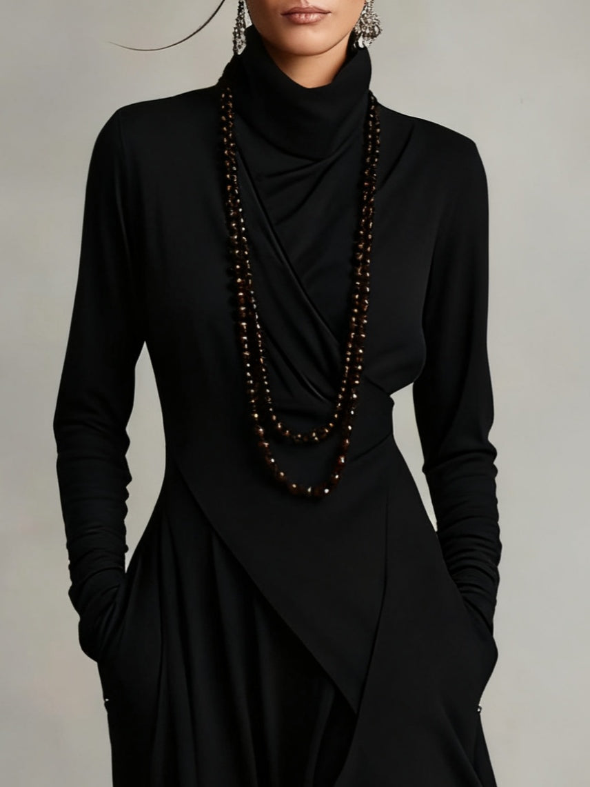 Giorgia™ - Purple Asymmetrical Pleated Maxi Dress with High Neck (Necklace not included)