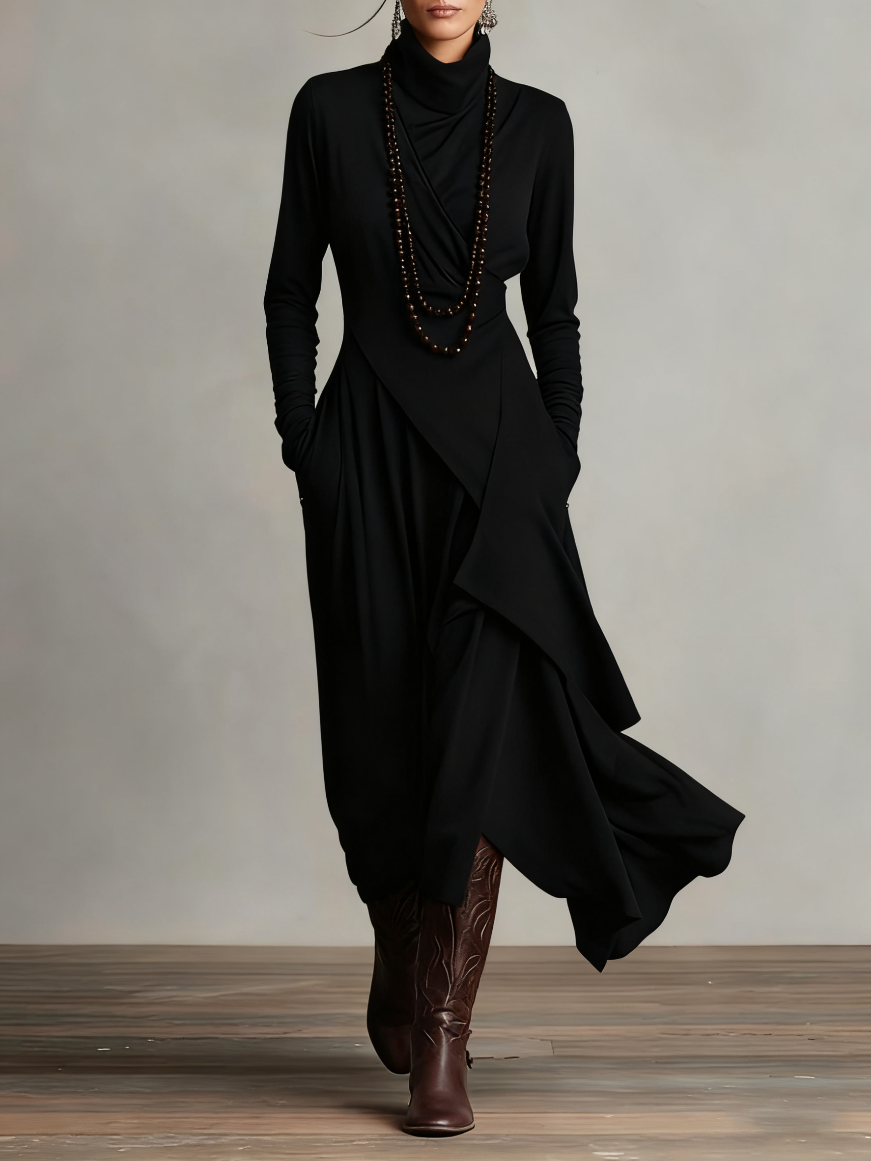 Giorgia™ - Purple Asymmetrical Pleated Maxi Dress with High Neck (Necklace not included)
