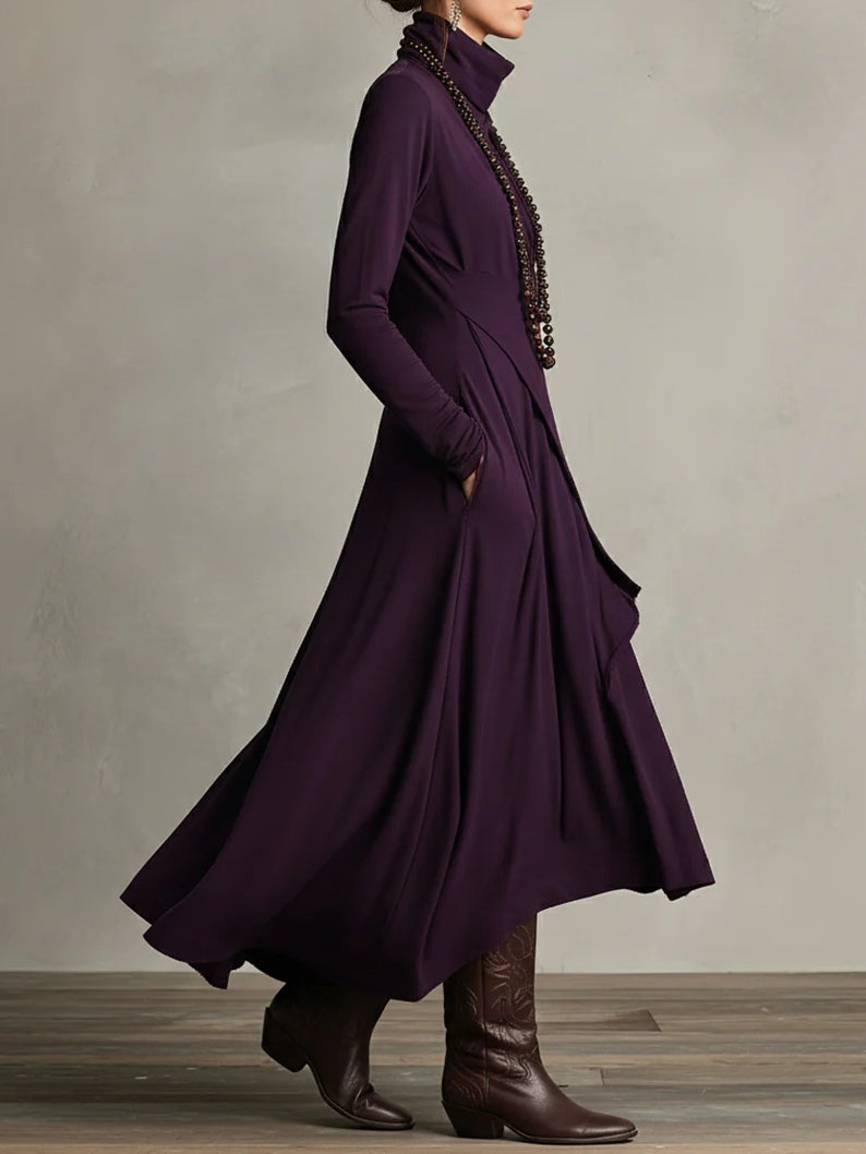 Giorgia™ - Purple Asymmetrical Pleated Maxi Dress with High Neck (Necklace not included)