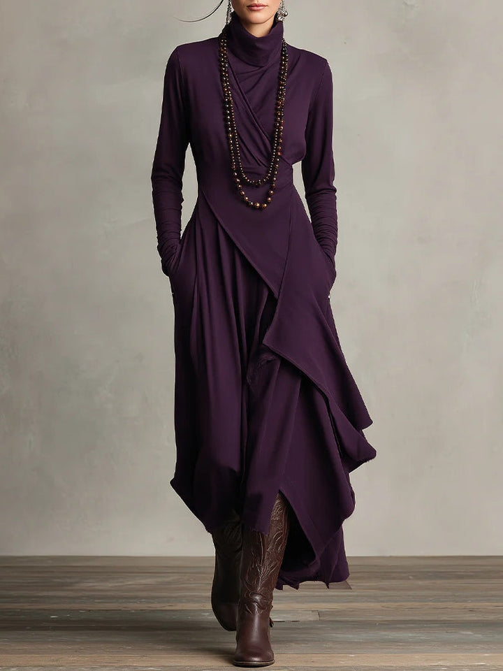 Giorgia™ - Purple Asymmetrical Pleated Maxi Dress with High Neck (Necklace not included)