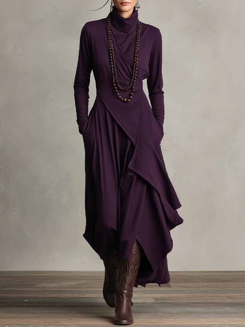 Giorgia™ - Purple Asymmetrical Pleated Maxi Dress with High Neck (Necklace not included)