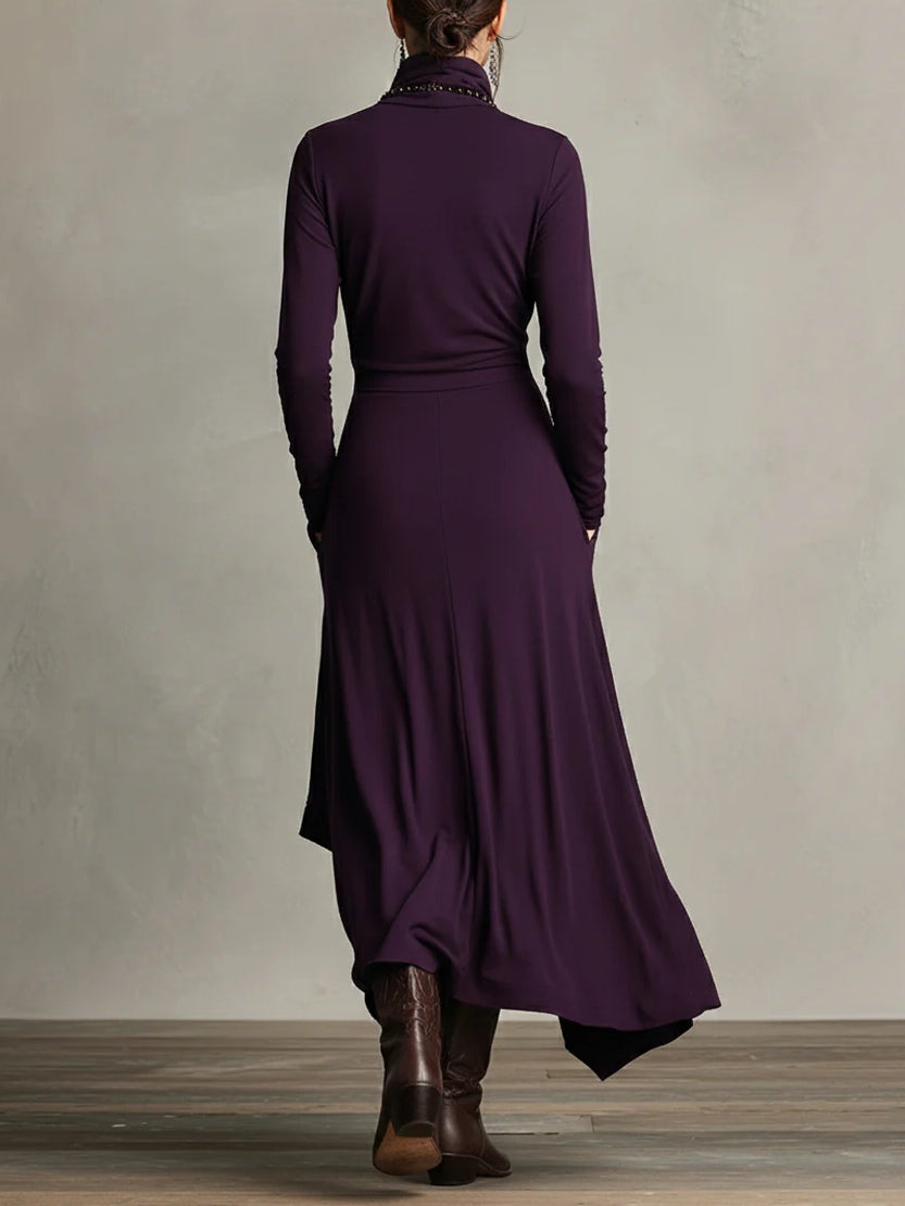 Giorgia™ - Purple Asymmetrical Pleated Maxi Dress with High Neck (Necklace not included)