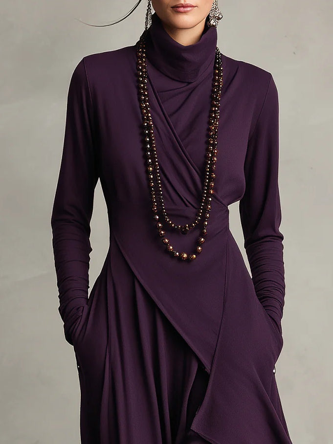 Giorgia™ - Purple Asymmetrical Pleated Maxi Dress with High Neck (Necklace not included)