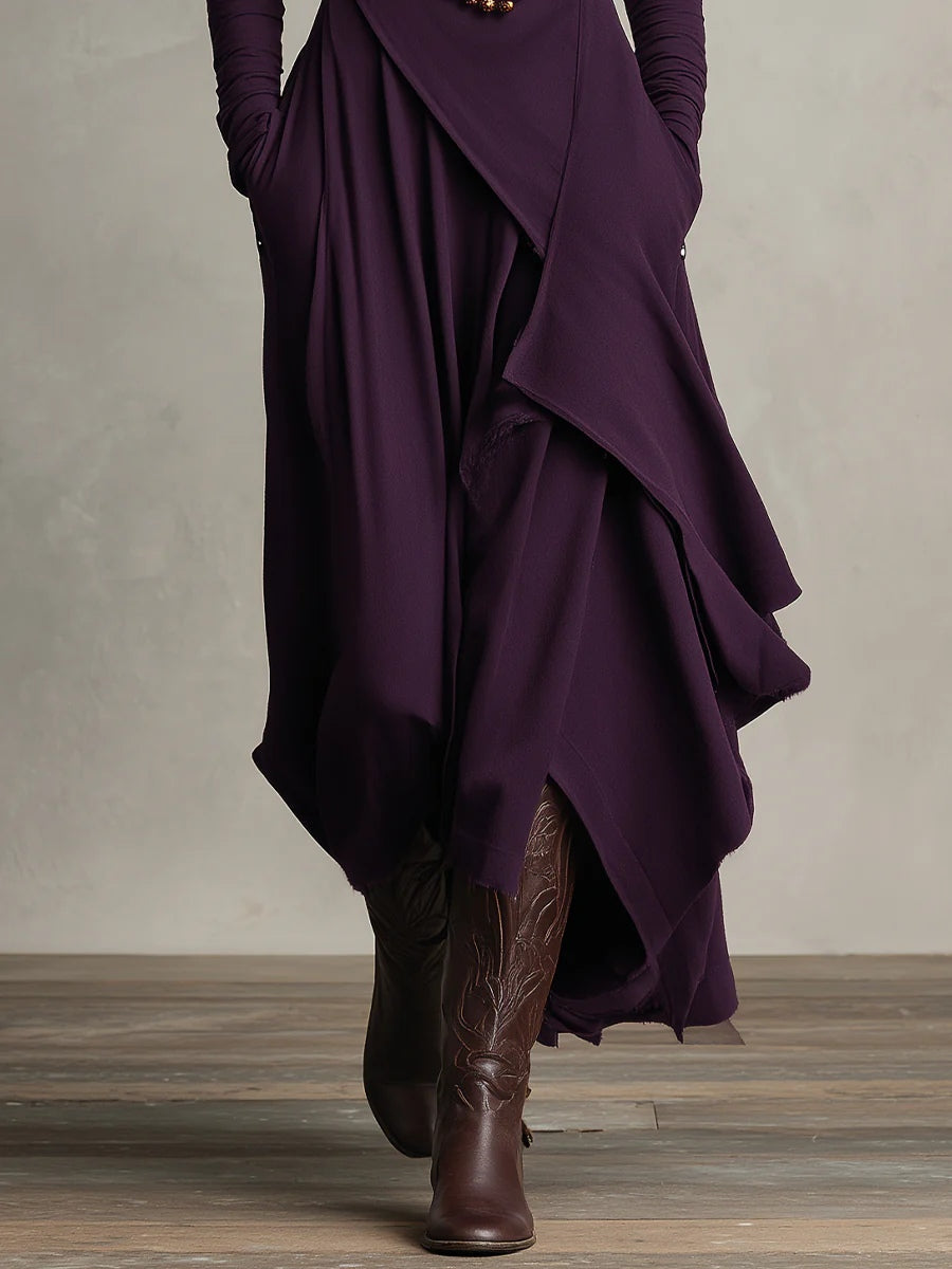 Giorgia™ - Purple Asymmetrical Pleated Maxi Dress with High Neck (Necklace not included)