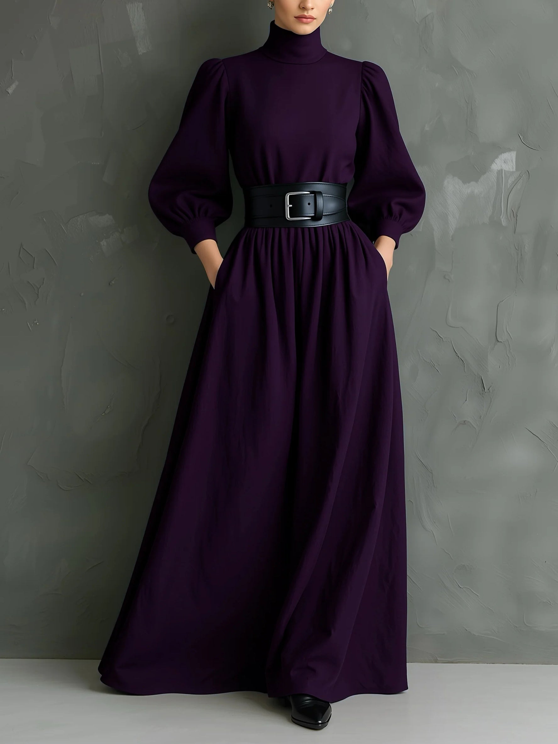 Isabella™ - Elegant, form-fitting, long dress with a high neck and long sleeves in dark purple (with belt)