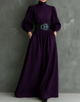 Isabella™ - Elegant, form-fitting, long dress with a high neck and long sleeves in dark purple (with belt)