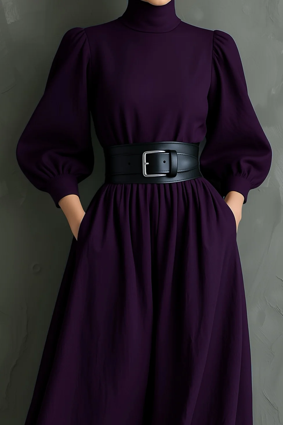 Isabella™ - Elegant, form-fitting, long dress with a high neck and long sleeves in dark purple (with belt)