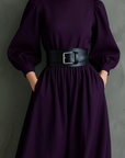 Isabella™ - Elegant, form-fitting, long dress with a high neck and long sleeves in dark purple (with belt)